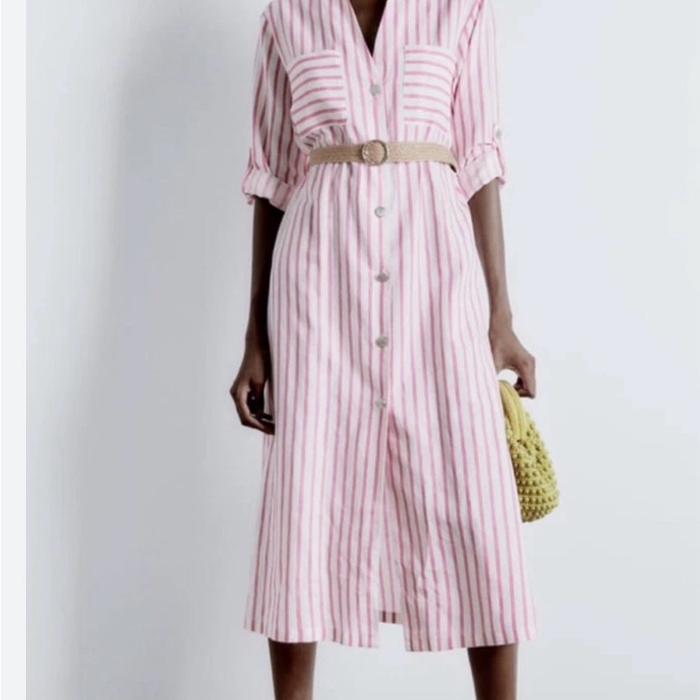 Zara Pink and White Striped Long Sleeve Dress